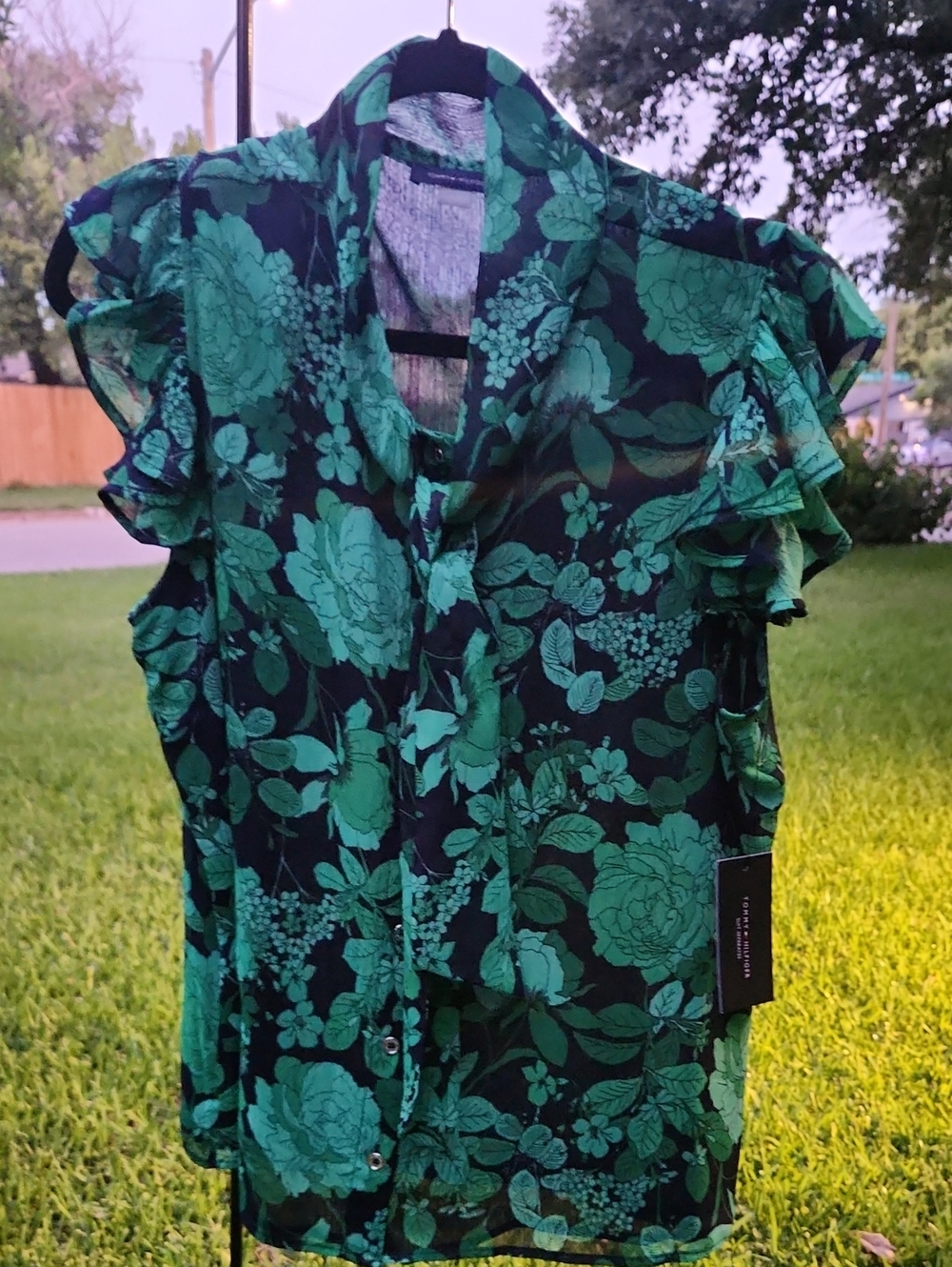 Tommy Hilfiger Floral Ruffled Tie-Neck Blouse - Green